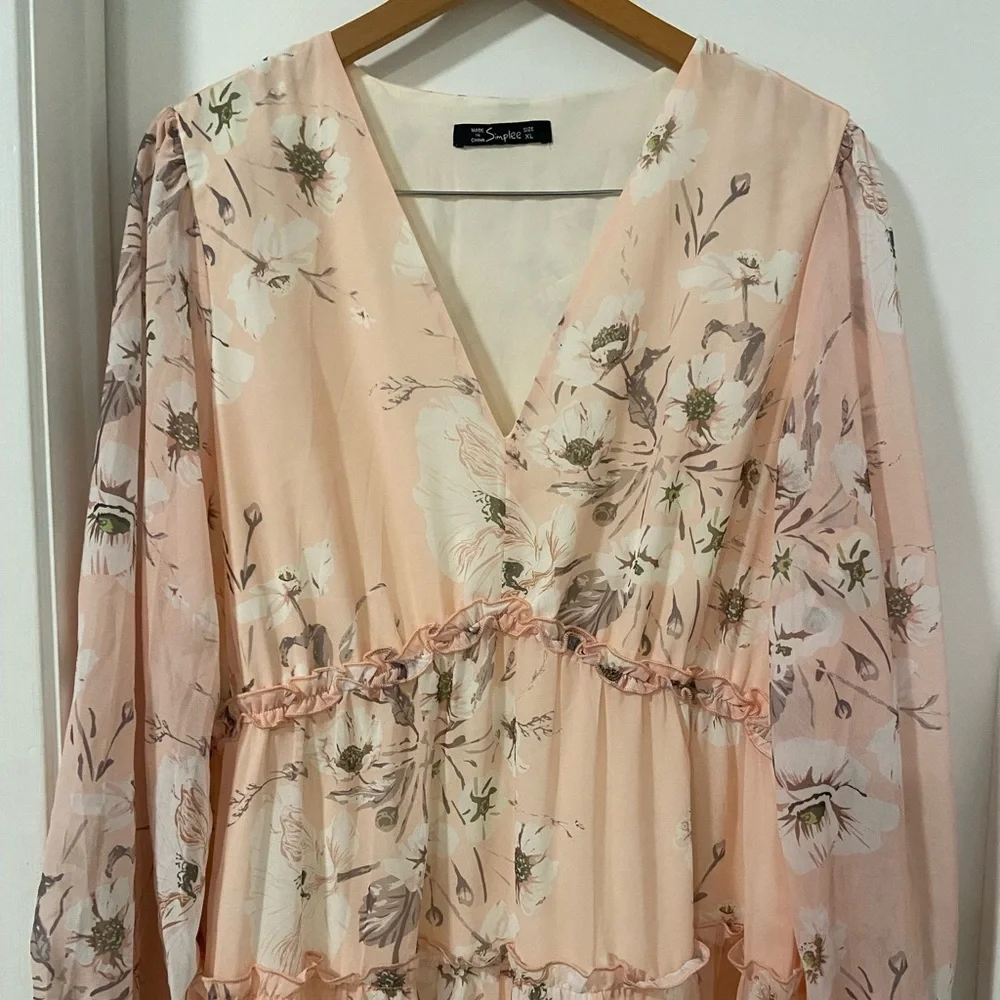 Simplee EUC pastel floral long sleeve tiered chiffon dress size xl - Picture 6 of 7